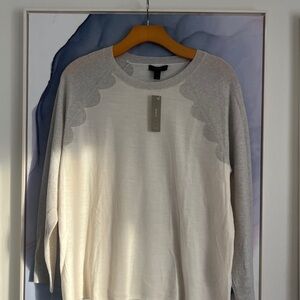 J. Crew Gray and Cream Scallop Sweater